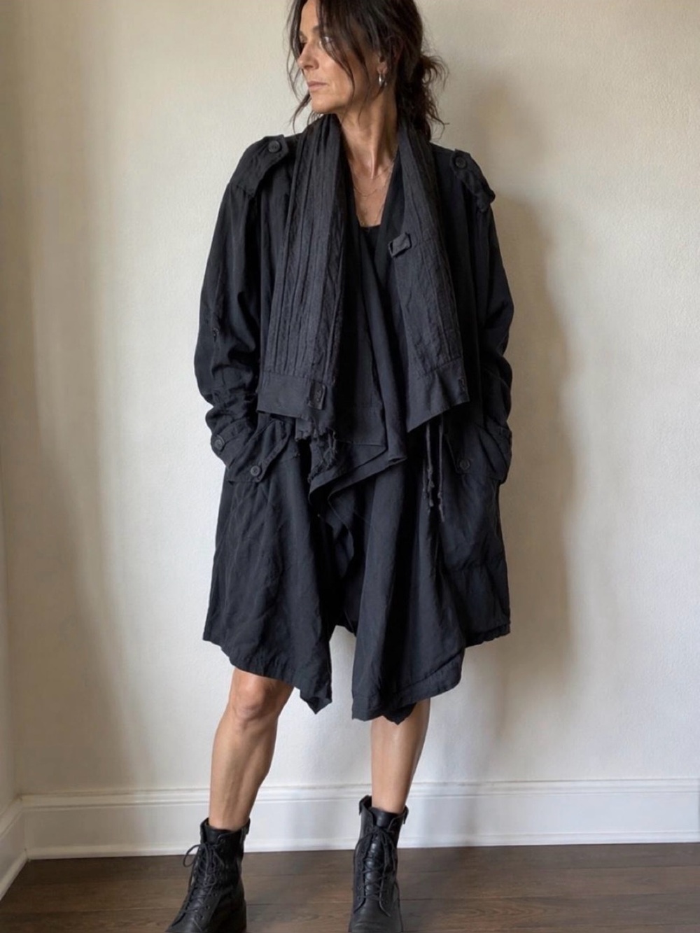 Harmon Men’s Overcoat Jacket Black Size 1 Dark Fashion Rope Detail Coat